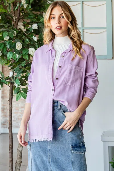 Truedames Veveret Raw Hem Button Up Long Sleeve Shirt In Purple
