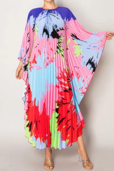 Truedames Vibrant Abstract Pleated Caftan Style Dress In Multi