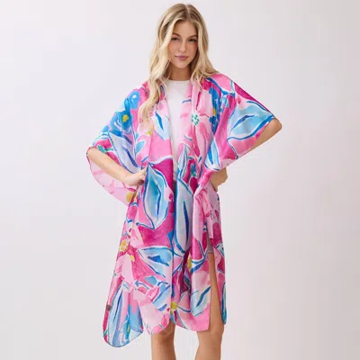 Truedames Vibrant Botanical Floral Print Silky Feel Kimono Poncho In Pink
