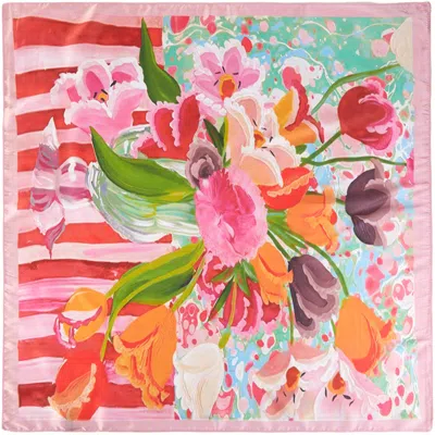 Truedames Vibrant Floral Bouquet Print Square Bandana Scarf In Pink
