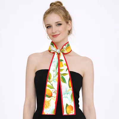Truedames Vibrant Lemon Pattern Print Silk Feel Twilly Skinny Scarf In Metallic