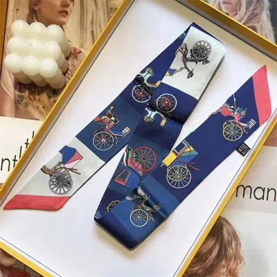 Truedames Vintage Bicycle Print Silky Twilly Skinny Scarf In Blue