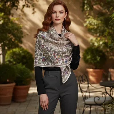 Truedames Vintage Botanical Printed Oblong Silky Satin Scarf Shawl In Brown