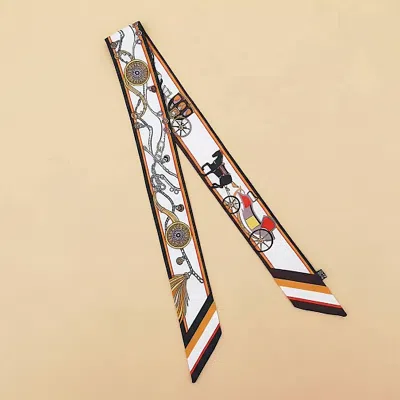 Truedames Vintage Carriage Pattern Printed Twilly Skinny Scarf In White
