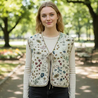 Truedames Vintage Floral Tapestry Tie Front Vest In Green