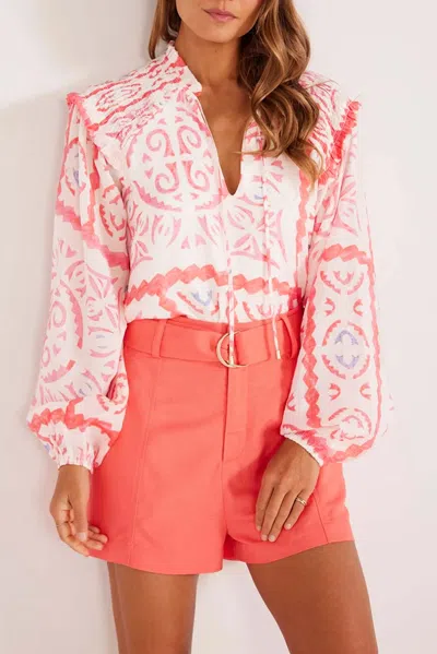 Truedames Vintage Print Smocked Poet Collar Billowy Blouson Sleeves Blouse In Pink