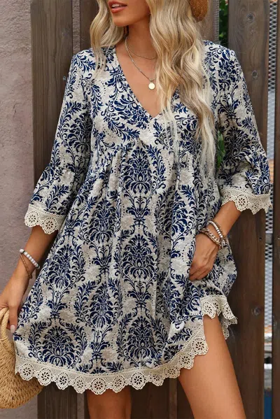 Truedames Vintage Printed Lace Trim V Neck 3/4 Sleeve Loose Dress In Blue
