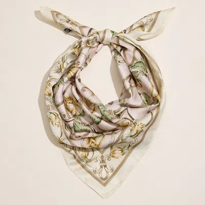 Truedames Vintage Rose Chain Border Printed Square Silky Satin Scarf In Neutral