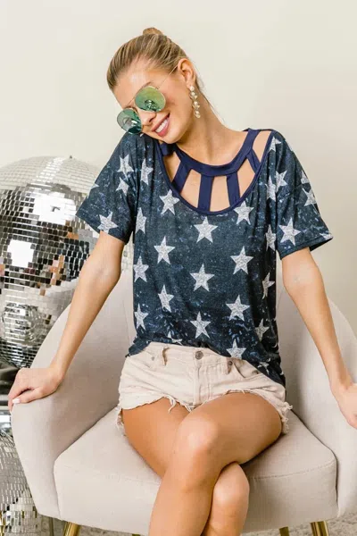 Truedames Vintage Star Print Top With Contrast Caged Neck In Blue