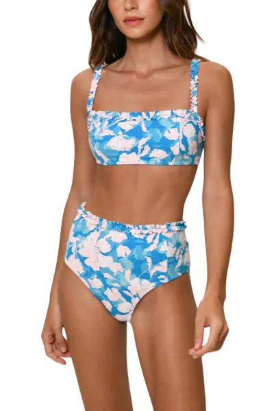 Truedames Vintage Vining Floral High-waist Ruffle Bandeau Bikini Top Swimsuit In Blue