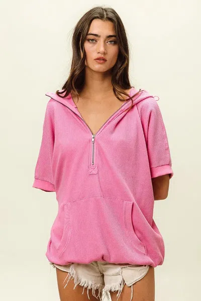 Truedames Vintage Washed Waffle Thermal Hoodie In Pink