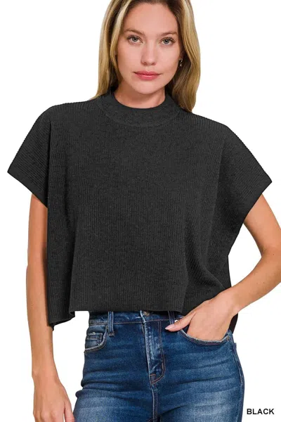 Truedames Viscose Mock Neck Short Sleeve Boxy Sweater In Black