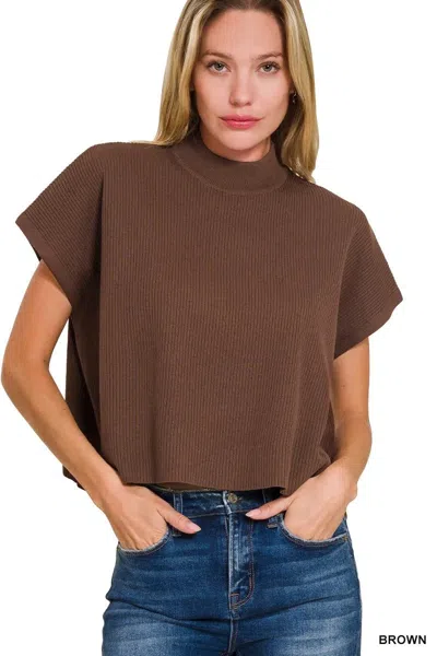 Truedames Viscose Mock Neck Short Sleeve Boxy Sweater In Brown