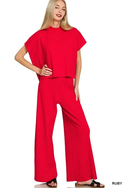 Truedames Viscose Sweater Short Sleeve Top And Pants Set In Red