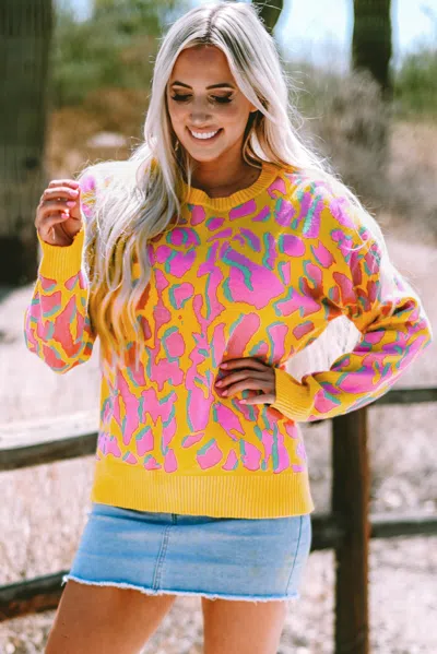 Truedames Vitality Orange Abstract Print Ribbed Trim Baggy Sweater In Multi