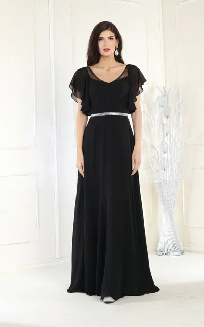 Truedames V-neck Bell Sleeve Chiffon A-line Formal Dress In Black