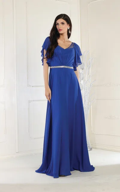 Truedames V-neck Bell Sleeve Chiffon A-line Formal Dress In Blue