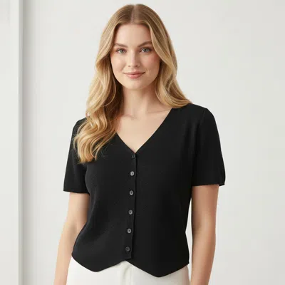 Truedames V-neck Button Front Short Sleeves Cardigan Top In Black
