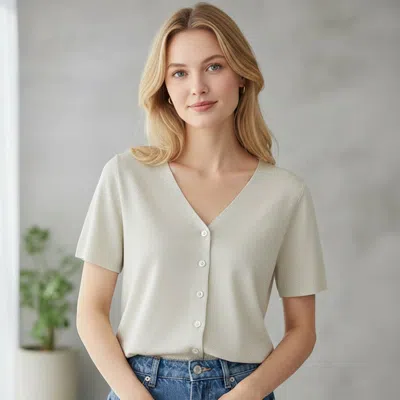 Truedames V-neck Button Front Short Sleeves Cardigan Top In Neutral