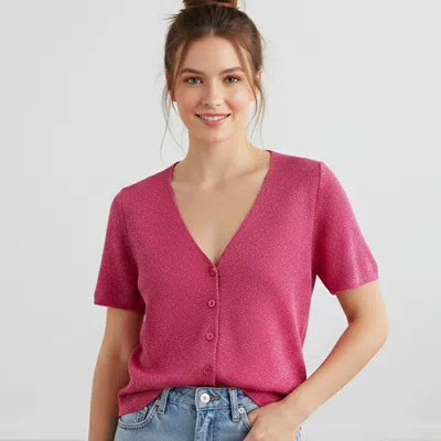 Truedames V-neck Button Front Short Sleeves Cardigan Top In Pink