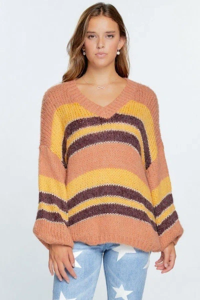 Truedames V-neck Cozy Thick Knit Stripe Pullover Sweater In Orange