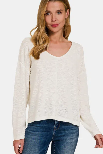 Truedames V-neck Dropped Shoulder Long Sleeve T-shirt In Beige