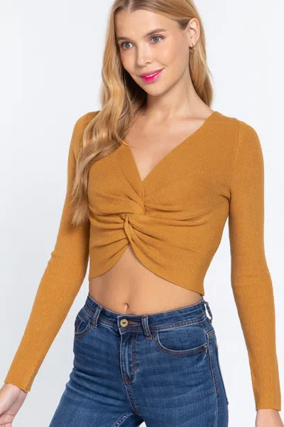 Truedames V-neck Front Knotted Crop Sweater In Brown