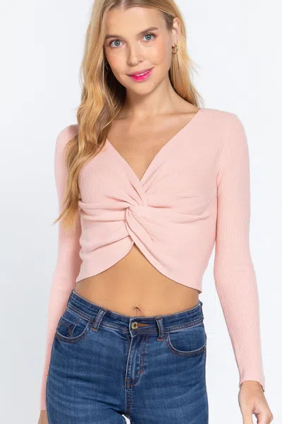 Truedames V-neck Front Knotted Crop Sweater In Pink