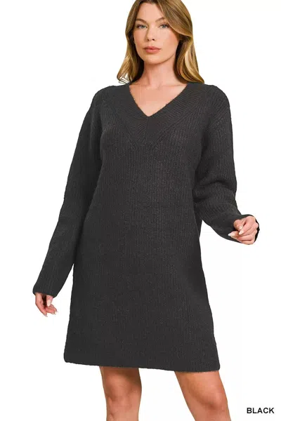 Truedames V-neck Long Sleeve Ribbed Sweater Dress In Black