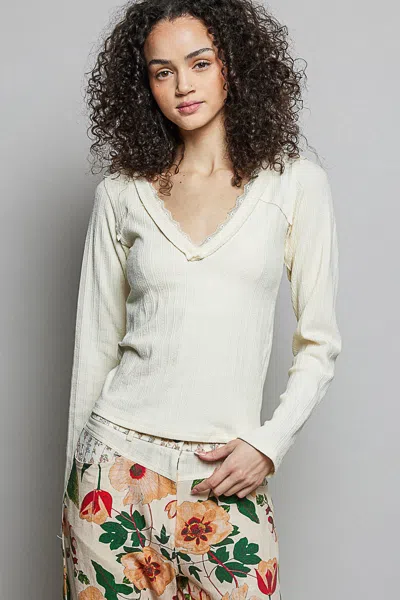 Truedames V-neck Long Sleeve Ribbed Top With Lace-accent Neckband In White