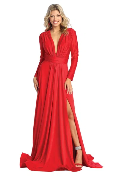 Truedames V-neck Long Sleeve Stretchy Bridesmaids Gown In Red