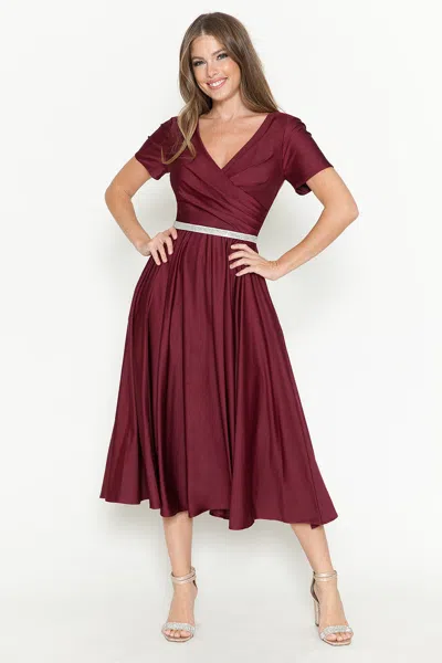 Truedames V-neck Short Sleeve Midi Dress With Rhinestone Waistband And Pockets In White