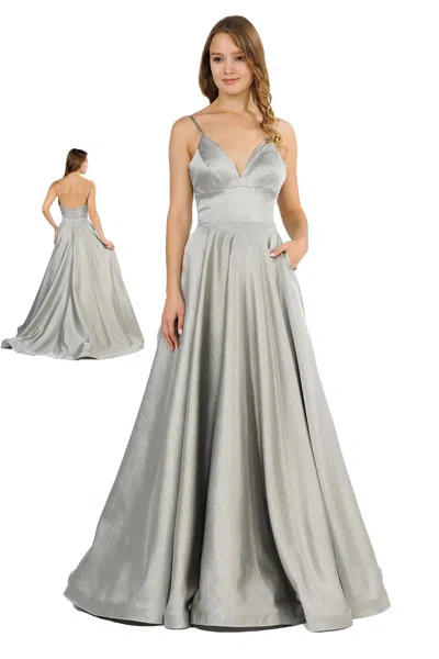 Truedames V-neck Spaghetti Straps Long Simple A-line Gown In Gray