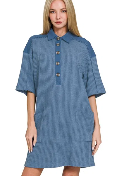 Truedames Waffle Half-button Dress With Pocket In Blue