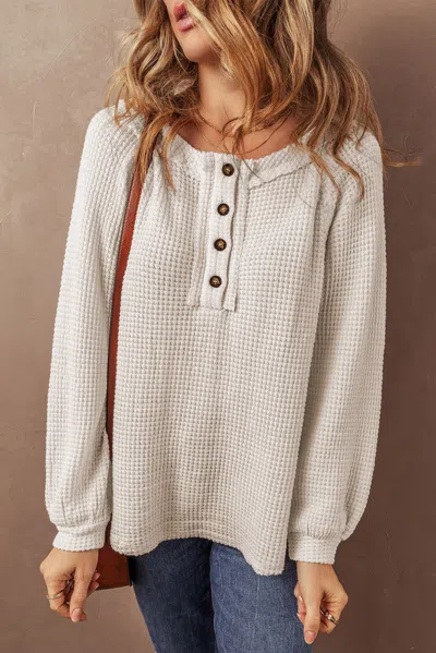 Truedames Waffle Knit Buttoned Front Raglan Sleeve Loose Blouse In Beige
