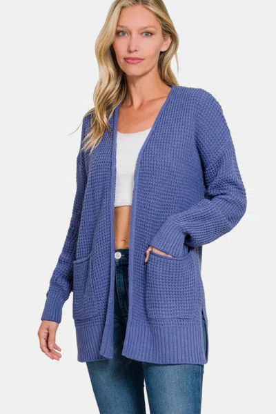 Truedames Waffle Open Front Sweater Cardigan In Blue