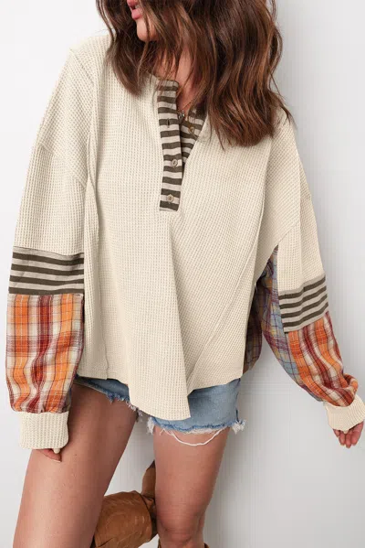 Truedames Waffle Stripe Plaid Patchwork Henley Knit Top In Multi