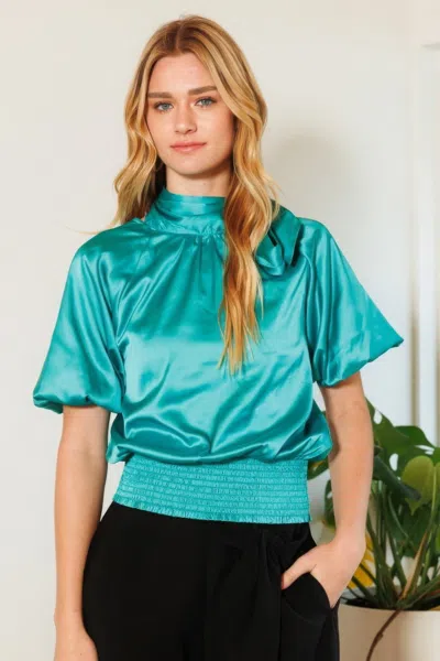 Truedames Waist Smocked Solid Satin Blouse In Blue