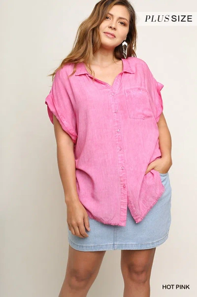 Truedames Washed Button Up Short Sleeve Top With Frayed Hemline In Pink