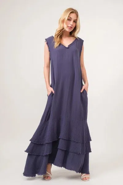 Truedames Washed Cotton Gauze Fringe Detail Tiered Dress In Blue