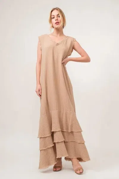 Truedames Washed Cotton Gauze Fringe Detail Tiered Dress In Brown