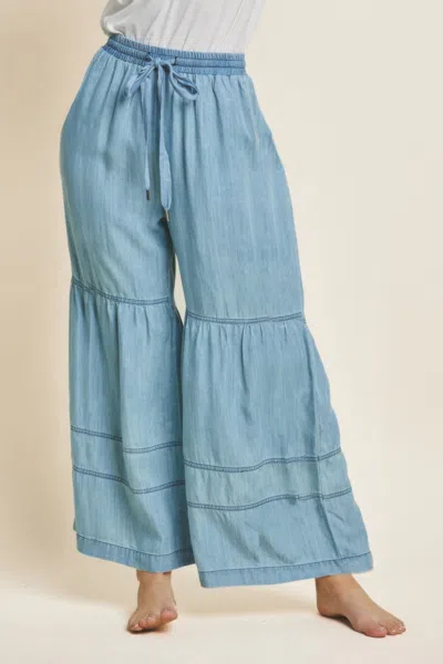 Truedames Washed Denim Tiered Wide Leg Pants In Blue