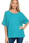 Truedames Washed Double Gauze Exposed Seam Short Sleeve Top In Blue