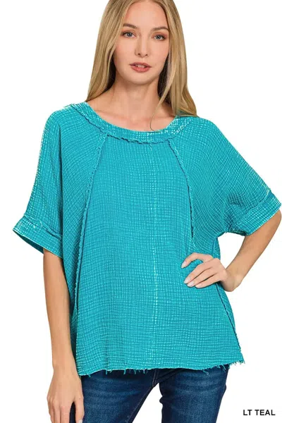 Truedames Washed Double Gauze Exposed Seam Short Sleeve Top In Blue