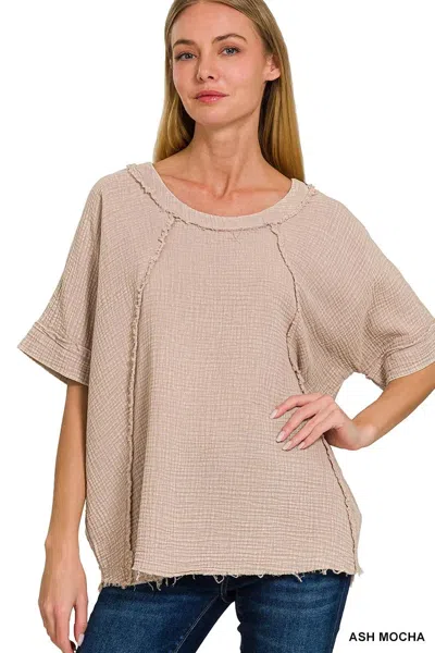 Truedames Washed Double Gauze Exposed Seam Short Sleeve Top In Neutral
