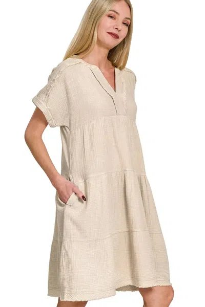 Truedames Washed Double Gauze Raw Edge V-neck Dress In Neutral