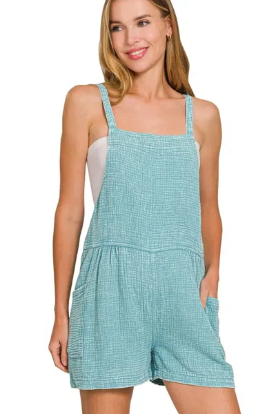 Truedames Washed Double Gauze Tie Back Rompers In Blue