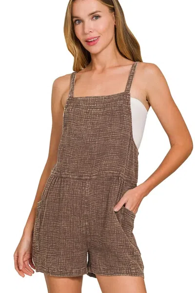 Truedames Washed Double Gauze Tie Back Rompers In Brown