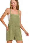 Truedames Washed Double Gauze Tie Back Rompers In Green