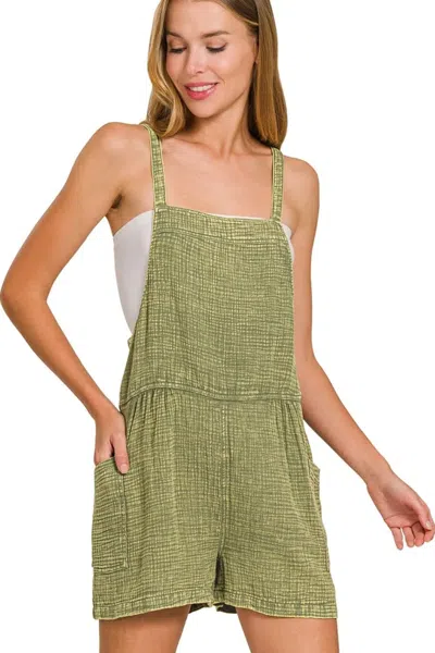 Truedames Washed Double Gauze Tie Back Rompers In Green